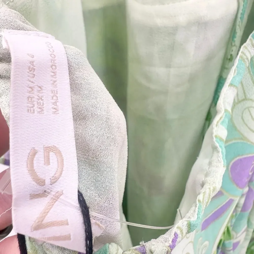 Mango Maxi Dress Chiffon Printed Ruffle Resort Boho Green A Line Medium NWT - Picture 12 of 16